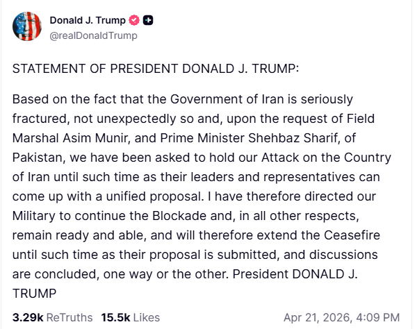 Trump says he will extend ceasefire with Iran and continue blockade