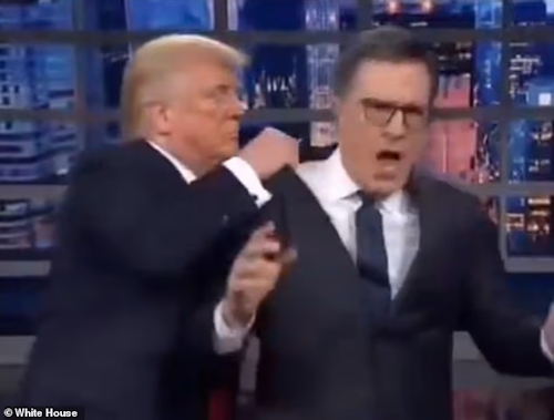 President Donald Trump shares video of him throwing Stephen Colbert in a dumpster as he celebrates the end of the late night show