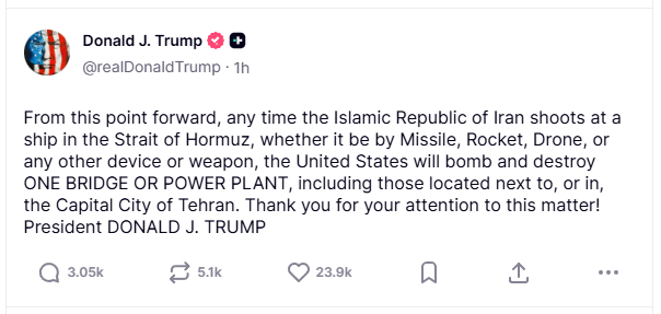 Trump threatens to target Iran’s bridges and power plants if Hormuz attacks persist