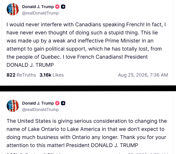 Trump claims US could rename Lake Ontario as Lake America and says Carney lied about his desire to interfere with French language rights