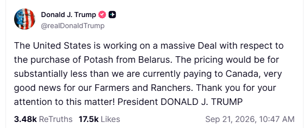 Trump working on deal to buy potash from Belarus for lower price than Canada