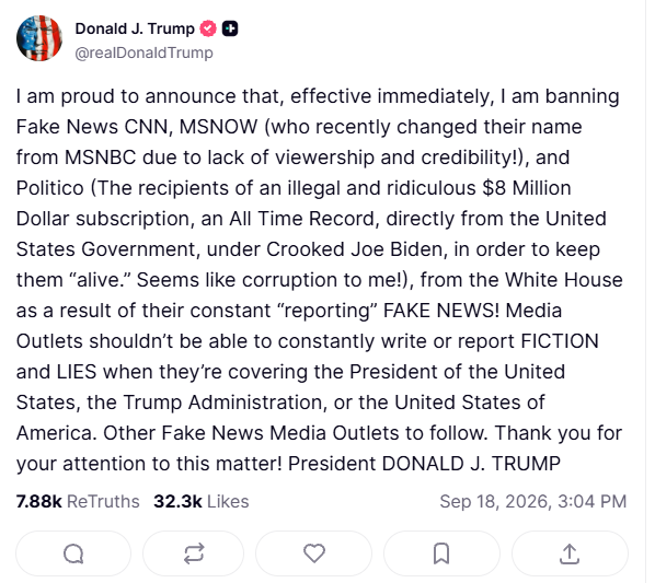 Trump Bans CNN, MS NOW, Politico from White House over ‘FAKE NEWS‘