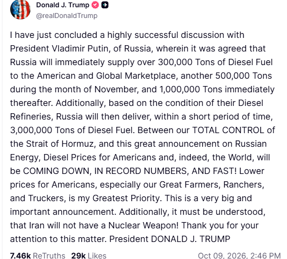 Trump announces deal for Russian diesel as Zelensky calls it a gift to Putin